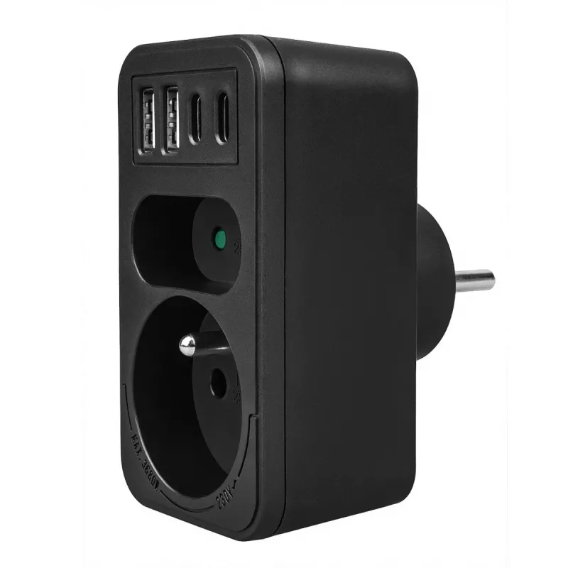 Power splitter MACLEAN MCE249 F/B – 2 AC-stopcontacten (16A + 6A) met 2×USB-A en 2×USB-C PD 20W, EU-stekker, zwart
