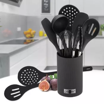 Keukengerei-set Maestro MR-1542 — 8-delige siliconen aanrechtgereedschap, zwart, ophangbaar met opbergstandaard