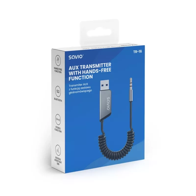 Savio TR-16 transmitter AUX-adapter met handsfree functie, Bluetooth 5.3, Google Assistant/Siri