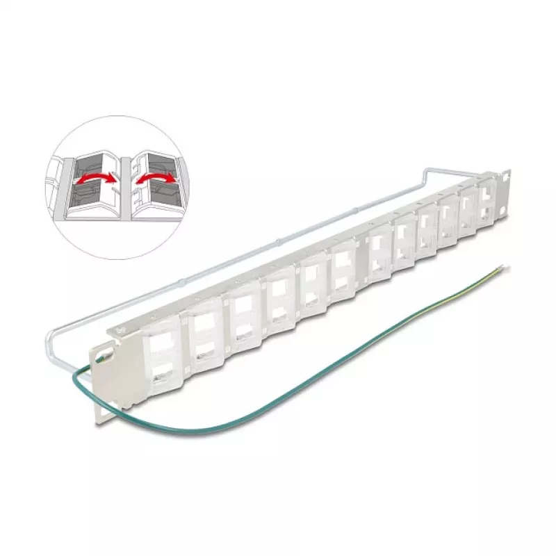 Patchpanel 19 inch DELOCK 24 poorten Keystone, kantelbare poorten, trekontlasting, 1U metaal
