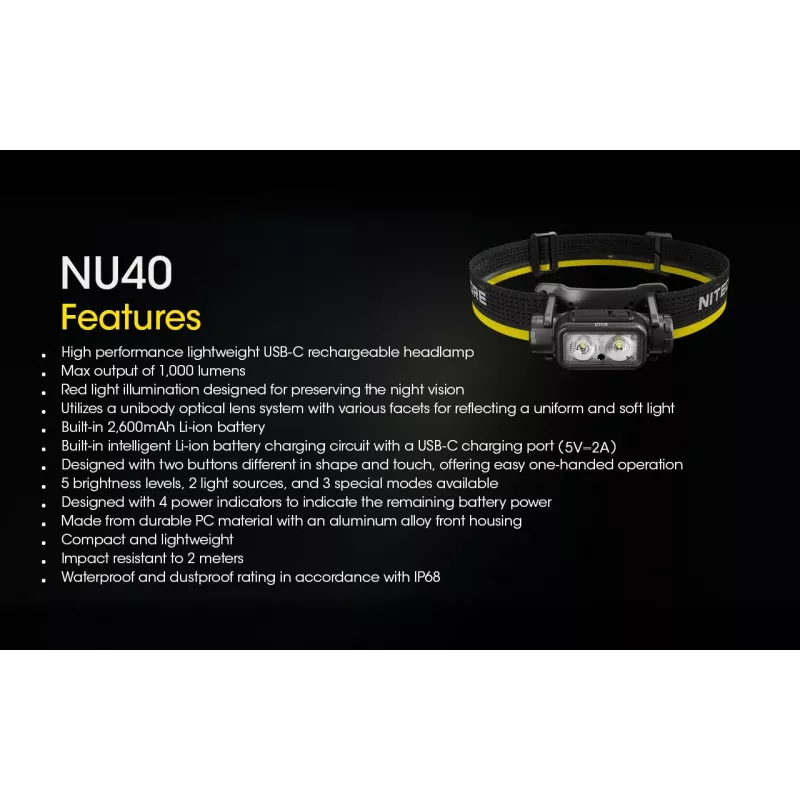Hoofdlamp Nitecore NU40 zwart LED 2 lampen IP68