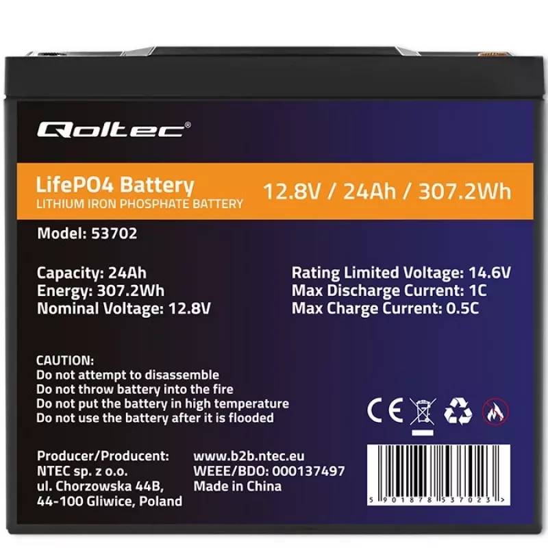 Qoltec 53702 LiFePO4 lithium-ijzerfosfaat-accu | 12,8V | 24Ah | 307,2Wh | BMS