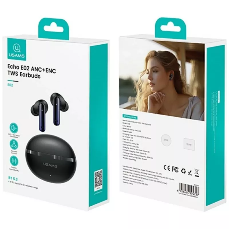 Bluetooth-hoofdtelefoon Usams TWS E02 ANC+ENC zwart