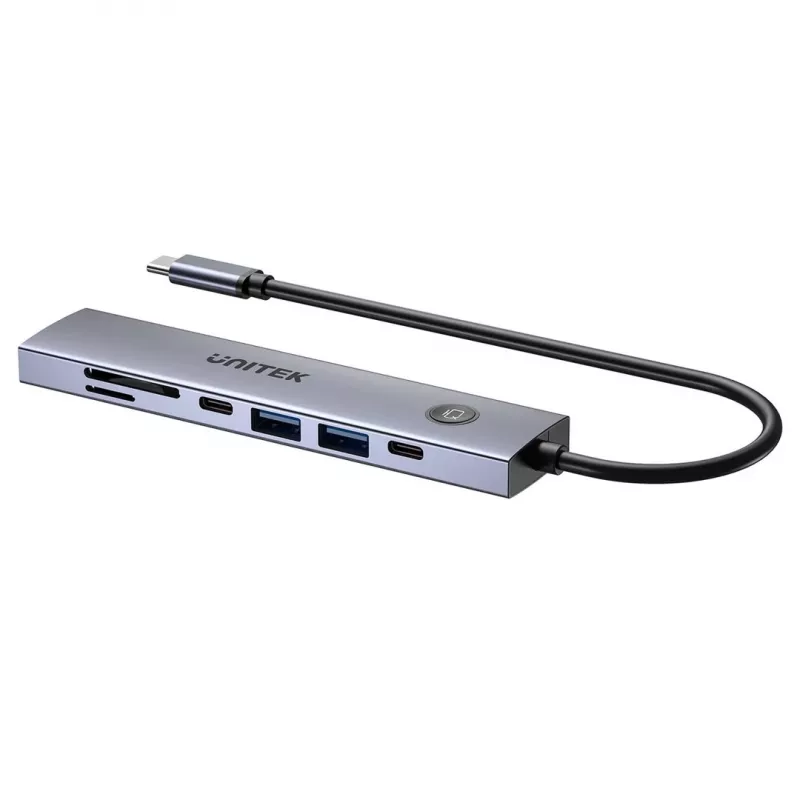 USB-C-hub Unitek H1124AGY01 met 100W PD, HDMI 2.0, 2x USB‑A, 2x USB‑C, SD/microSD-kaartlezer — aluminium