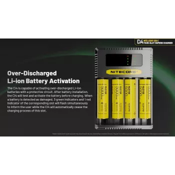 Acculader Nitecore Ci4 — universele USB-lader voor lithium-ion / NiCd / NiMH, 5/9/12V ingang, 3A, kunststof, 0,1914 kg