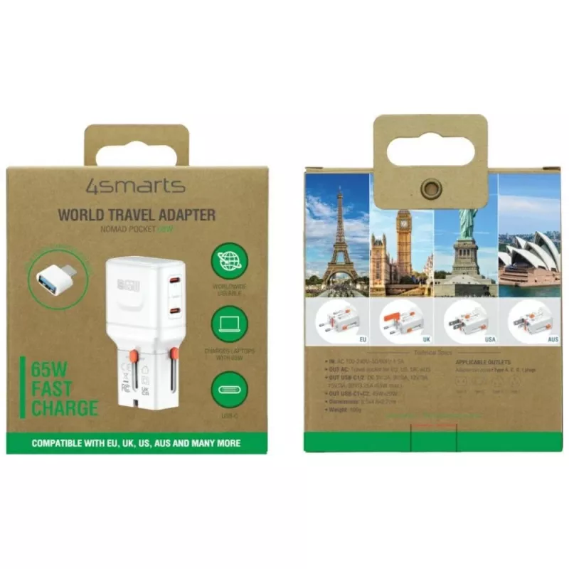 Reisoplader World 65W USB-C + USB-A wit
