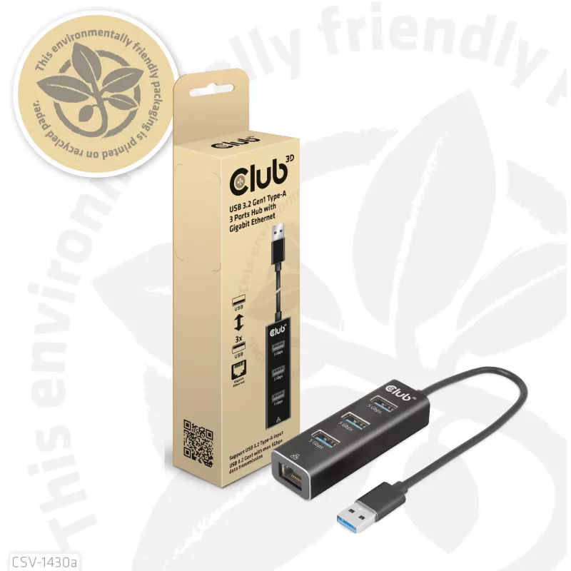 USB-hub CLUB3D USB 3.2 Gen1 Type-A met 3 aansluitingen en Gigabit-Ethernet