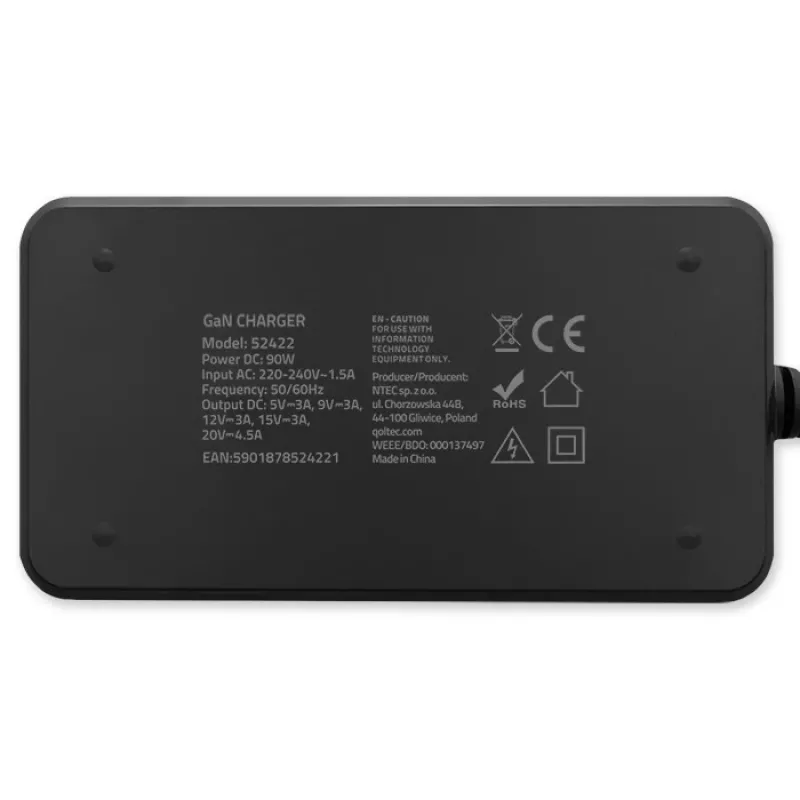Qoltec 90W GaN Super Fast SLIM wandoplader | XP | 5-20V | 4,5A | USB-C 3.1 | laptop | MacBook | smartphone | + kabel