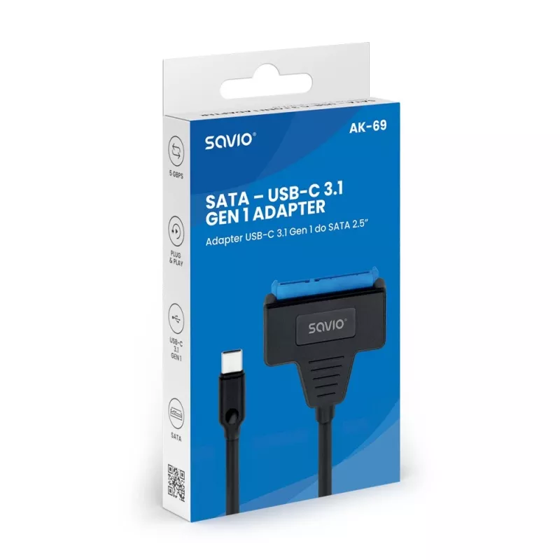 SAVIO SATA-naar-USB-C-interfacekabel AK-69, SATA-bus naar USB-C-stekker, USB 3.2 Gen 1 (5 Gbit/s), 0,25 m, zwart