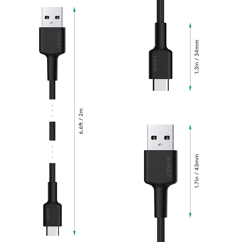 Aukey CB-CA2 OEM USB-C naar USB-A-kabel, nylon gevlochten, 2 m, zwart