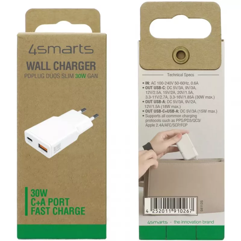 Oplader 4smarts PDPlug Duos slank smartphone tablet wit AC snelladen