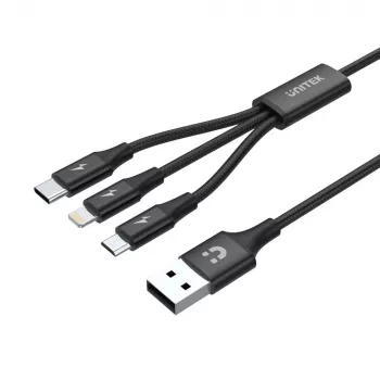 USB-kabel Unitek C14049BK — USB-C naar Micro-USB B/Lightning, USB 2.0, 1,2 m, zwart
