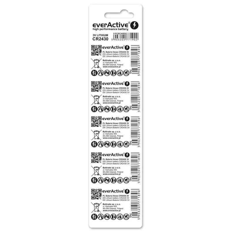 everActive CR2430 CR24305BL lithium knoopcel 3 V, 300 mAh, verpakking van 5