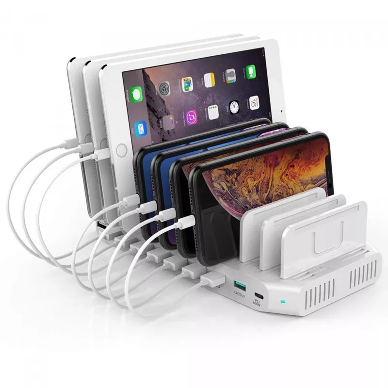 Oplaadstation Unitek Y-2190A — 10 USB-aansluitingen (8×USB2.0 + 2×USB3.2 Gen1), draadloos laden, 96 W totaalvermogen