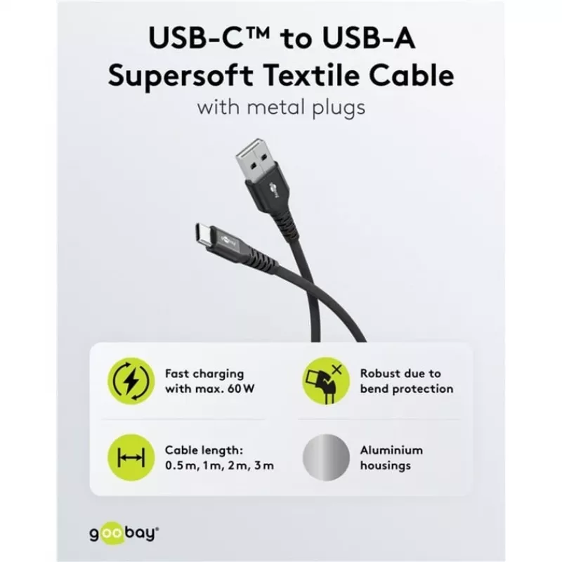Goobay USB-C-kabel Fabric Supersoft met metalen stekkers, 2 m, zwart (2m, USB 2.0, 60W), USB-kabel