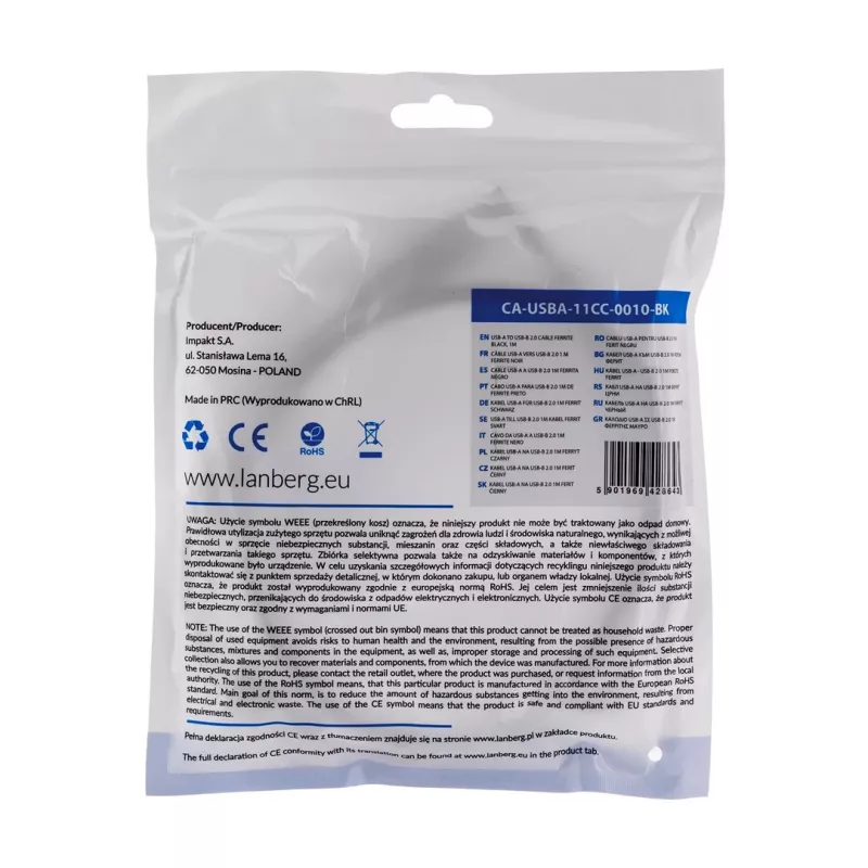 Lanberg CA-USBA-11CC-0010-BK USB-kabel 1 m 2.0 USB B zwart