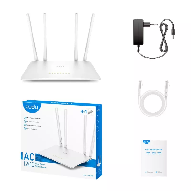 Tafelrouter Cudy WR1200 dualband Wi‑Fi 5 (802.11ac) 867 Mbit/s, 4x RJ‑45 LAN, wit
