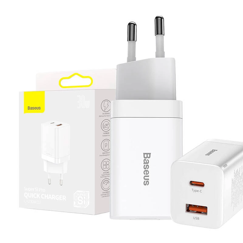 Baseus Super Si Pro snellader USB + USB-C 30W (wit)