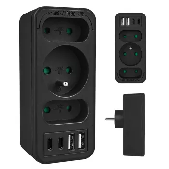 Power splitter MACLEAN MCE248 F/B — 3 AC-stopcontacten (1x16A, 2x6A) en 4 USB-aansluitingen (2xUSB‑A, 2xUSB‑C PD 20W), EU-stekker, zwart