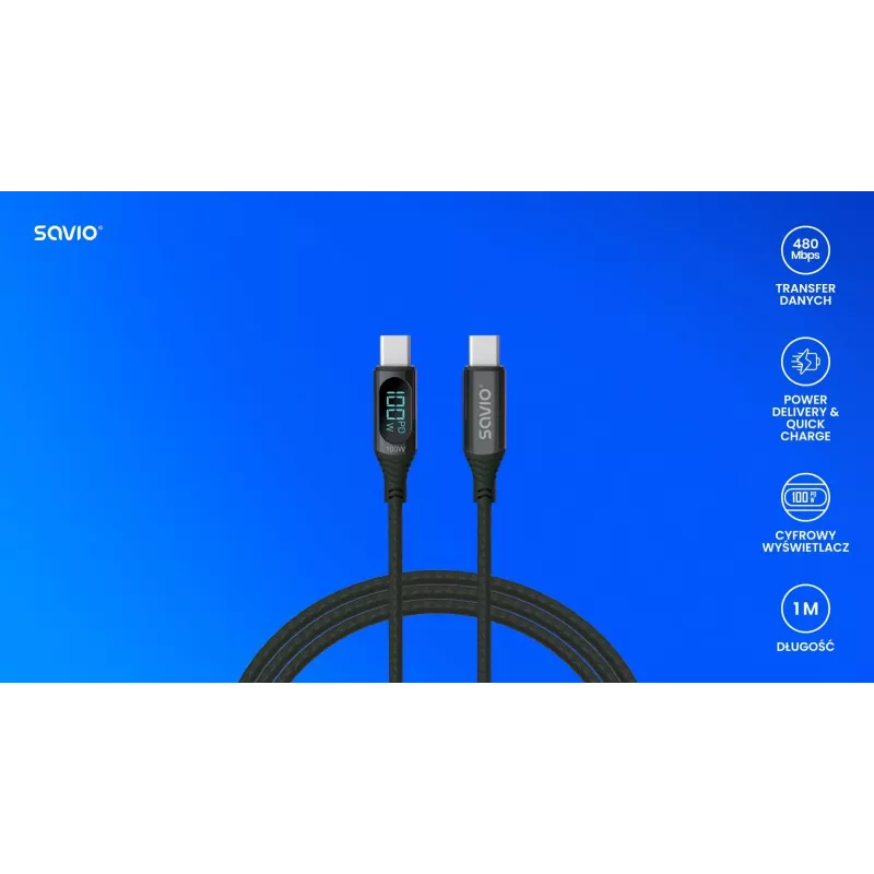 Savio CL-174 USB-C-naar-USB-C-kabel, 100 W, Power Delivery/Quick Charge, digitaal display, 1 m, groen