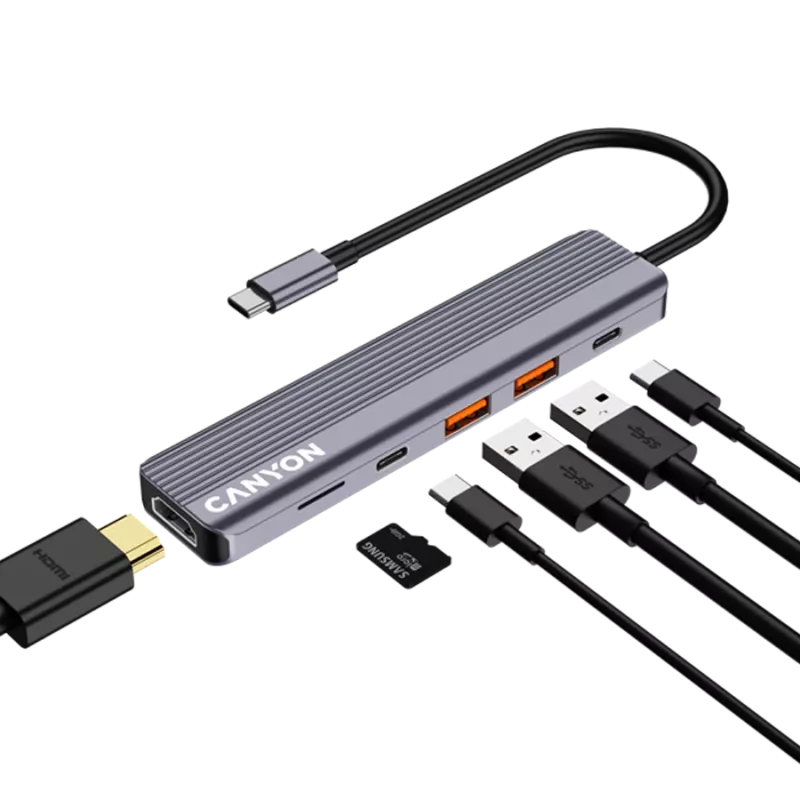 USB Type-C-hub CANYON DS-17 — HDMI, USB 3.2 Gen 1 A, USB-C, MicroSD, 10000 Mbit/s, grijs