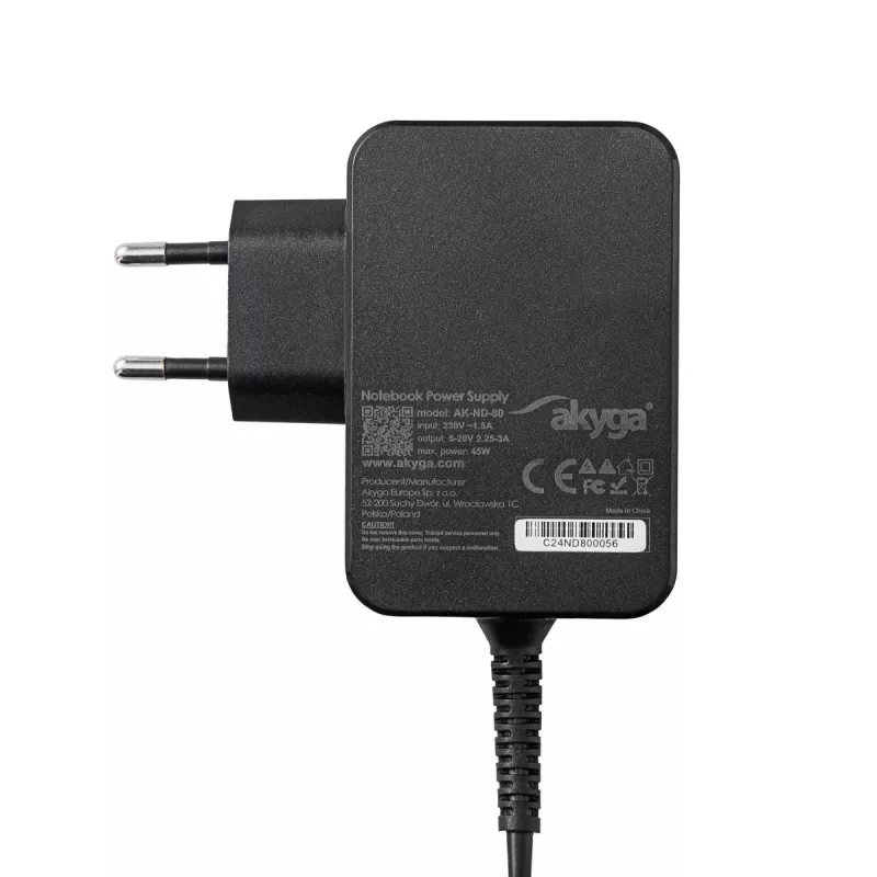 Akyga AK-ND-81 USB-C-GaN-notebookvoeding 65 W, PD 3.0, 5–20 V, 1,8 m kabel, zwart