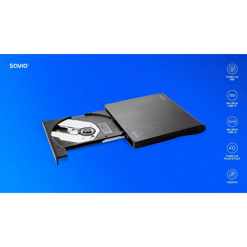 SAVIO AK-59 externe slanke CD/DVD-brander R/RW - USB-C/USB-A, zwart