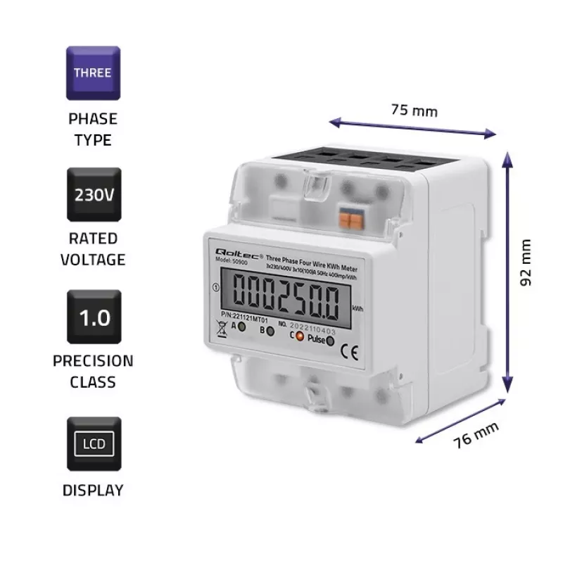 Driefasige elektronische energiemeter QOLTEC 50900 400V LCD 4P
