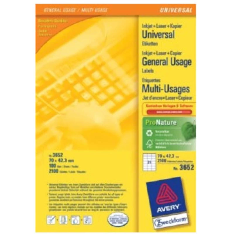 Avery - etiketten - wit - 42,3 x 70 mm, 2100 etiketten (100 vel x 21) (3652)