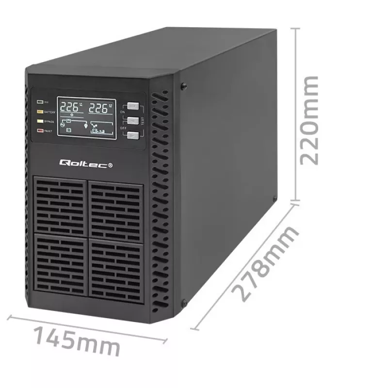 Qoltec UPS onderbrekingsvrije stroomvoorziening | 1kVA | 1000W | vermogensfactor 1,0 | LCD | EPO | USB | online