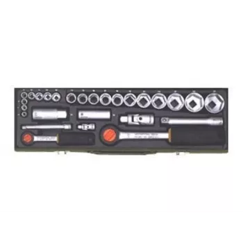 Dopsleutelset Proxxon 23020, 27-delig – 1/2 inch en 1/4 inch ratel-aandrijvingen, dopsleutelinzetstukken 6–32 mm, bougie-inzetstuk 21 mm, chroom