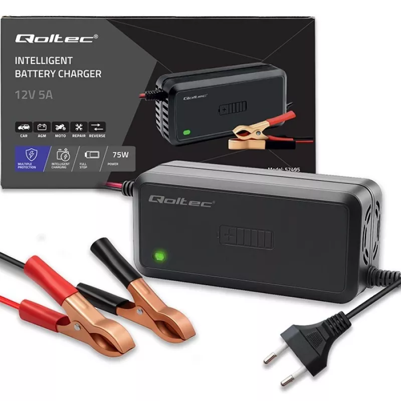 Acculader QOLTEC 12V 5A gelijkrichter voor AGM/GEL-accu's