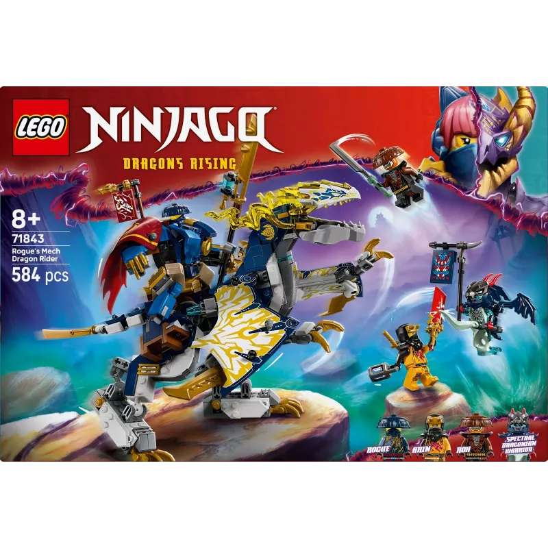 LEGO NINJAGO set 71843 Rogue's Mech Dragon Rider — 584 onderdelen, 4 minifiguren, 190 mm modelhoogte