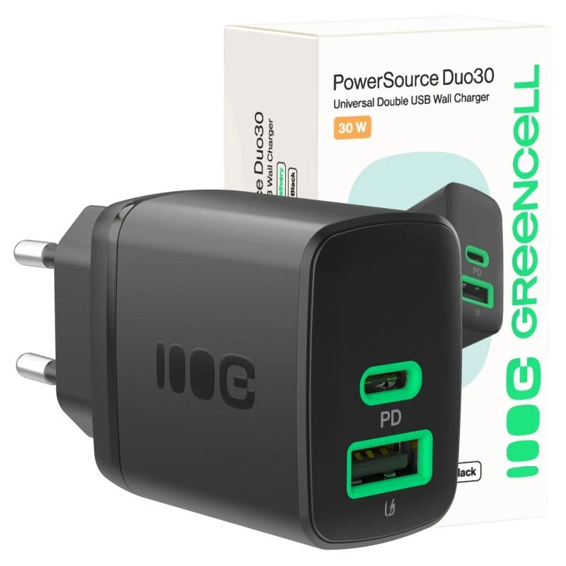 Oplader Green Cell PowerSource Duo30 – 1× USB-A, 1× USB-C, 3A