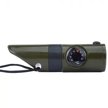 Multifunctioneel survivalfluitje Mil-Tec SP.22073 — 6-in-1 olijf, kompas, thermometer, spiegel, loep, licht, 100×35×30 mm
