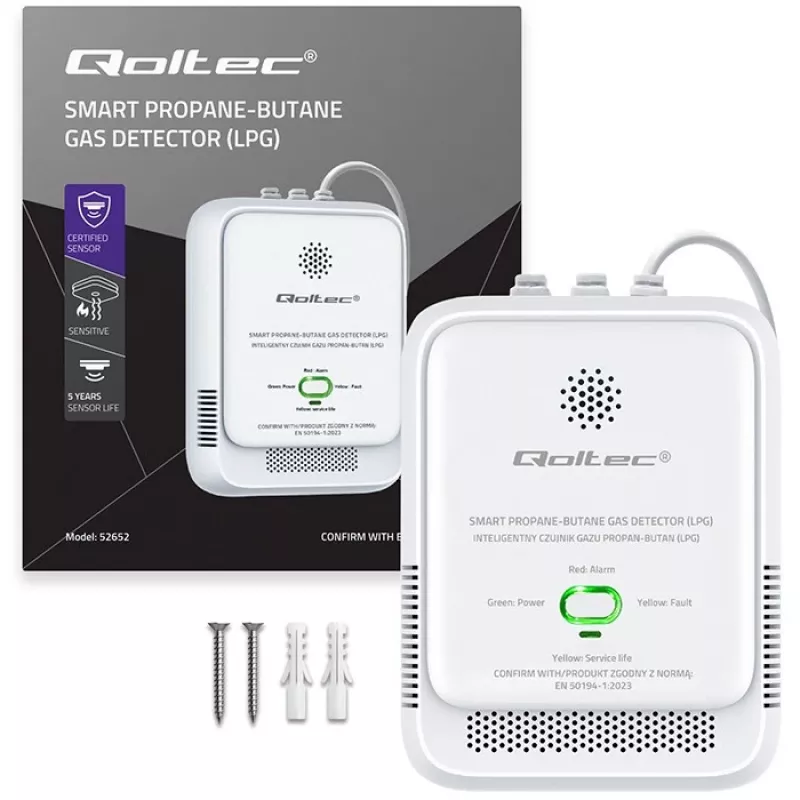 Gasleksensor QOLTEC 52652 — propaan/butaan (LPG) detector, 85 dB alarm, LED-indicatie