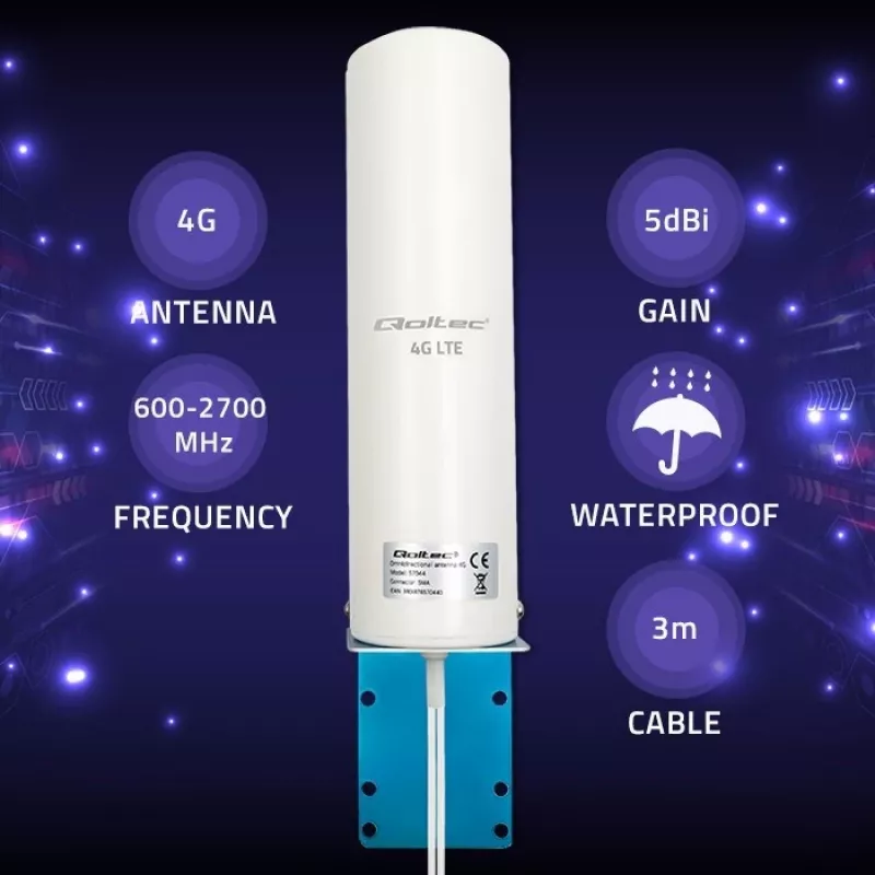Outdoor omnidirectionele 4G LTE-antenne QOLTEC 57044, 5 dBi, 600–2700 MHz, 50 W, 50 Ω, witte koperen behuizing