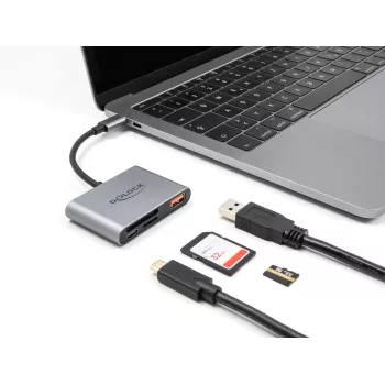 Delock 91016 USB-C-kaartlezer voor SD- en microSD-kaarten met USB-A-poort en USB-C PD