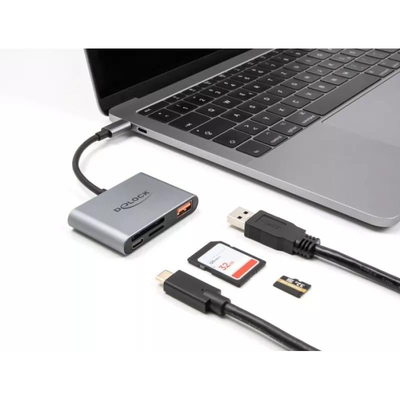 Delock 91016 USB-C-kaartlezer voor SD- en microSD-kaarten met USB-A-poort en USB-C PD