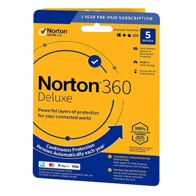 Norton 360 Deluxe | 5 apparaten | 1 jaar | 50 GB cloudopslag | EU | GEEN ABONNEMENT |