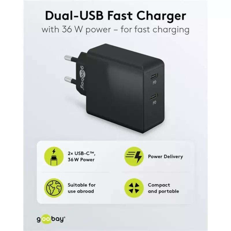 Indoorlader Goobay 61757 snelopladen USB Type-C 2 poorten zwart