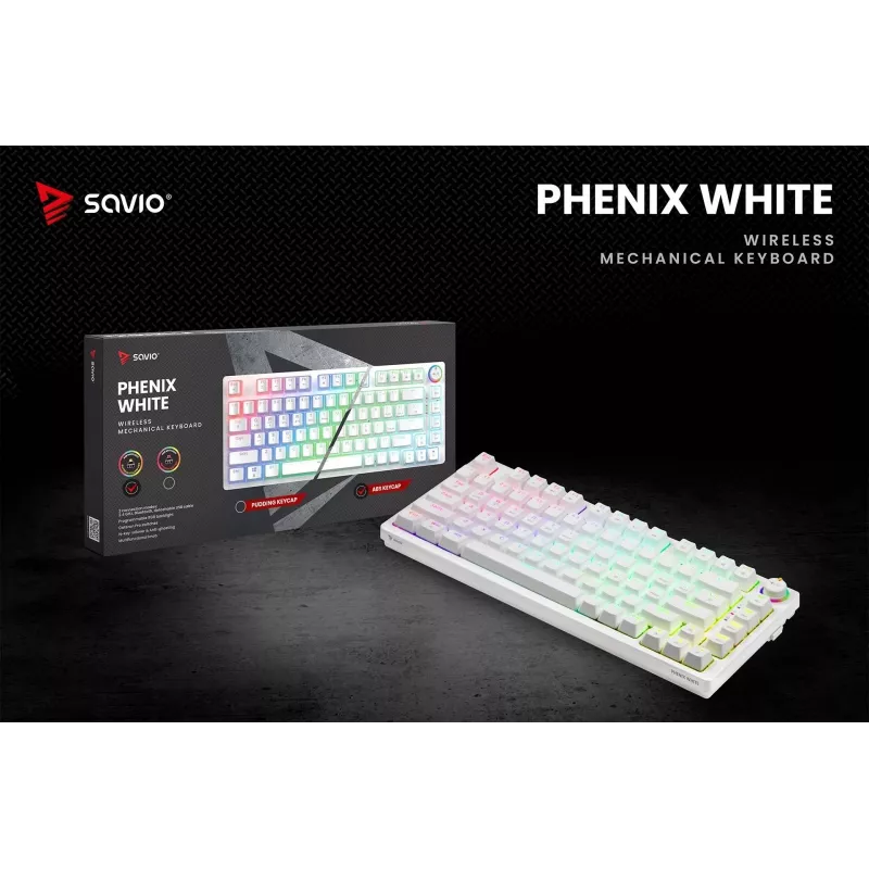SAVIO PHENIX WHITE draadloos mechanisch toetsenbord, Gateron Red Pro, ABS
