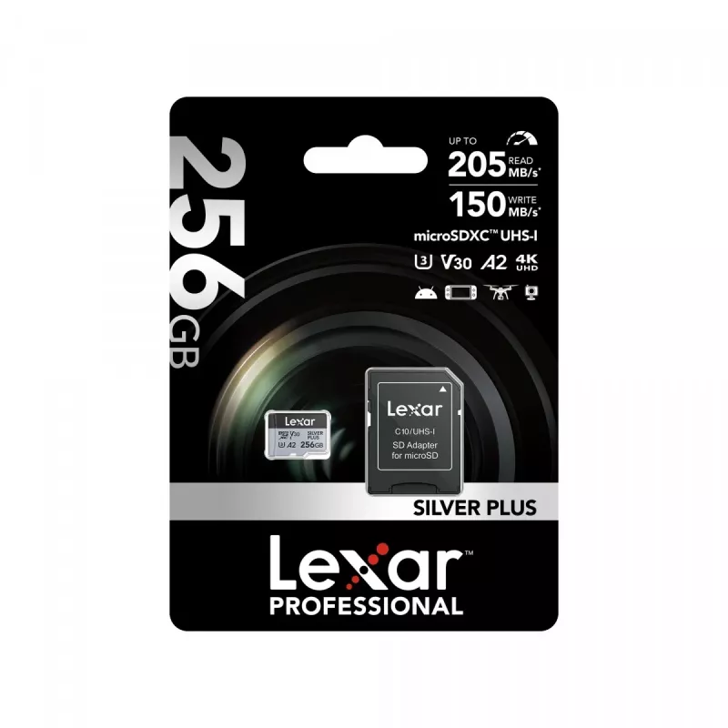 Geheugenkaart microSD 256GB C10 A2 U3 V30 205/150MB/s Silver Plus