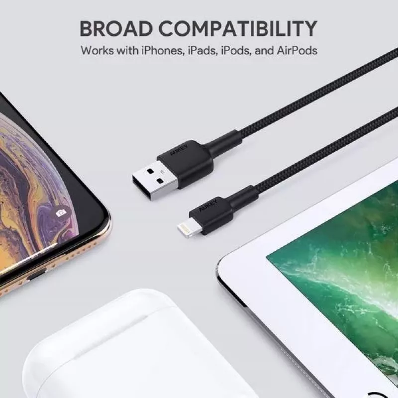 AUKEY CB-AL05 Lightning-naar-USB-A MFi-nylonkabel, 2 m, zwart