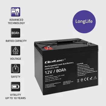 Qoltec accu AGM | 12V | 80Ah | 23.5kg | onderhoudsvrij | krachtig | LongLife | voor UPS, camper, boot, kachel