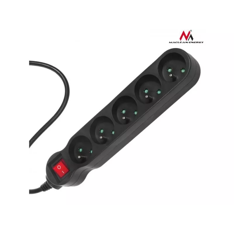 Verlengsnoer MACLEAN MCE185 — 5 m kabel, 5 stopcontacten type F, binnen, zwart