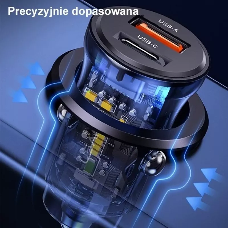 Autolader usams CC164CC01 30W met 1×USB-A en 1×USB-C voor snelladen