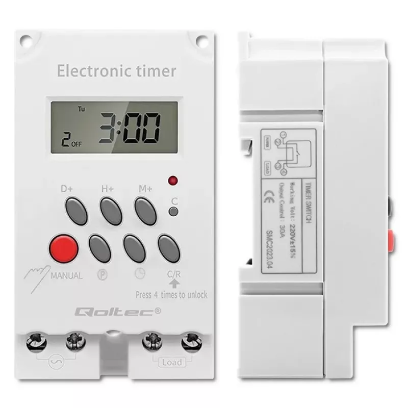 Elektronische DIN-rail tijdschakelaar QOLTEC PC0629 — 24V voeding, 16A uitgang