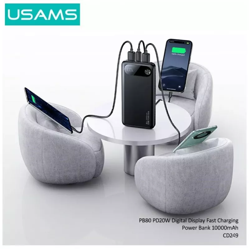 Powerbank usams PB80 PD20W 10000mAh — draagbare oplader, zwart