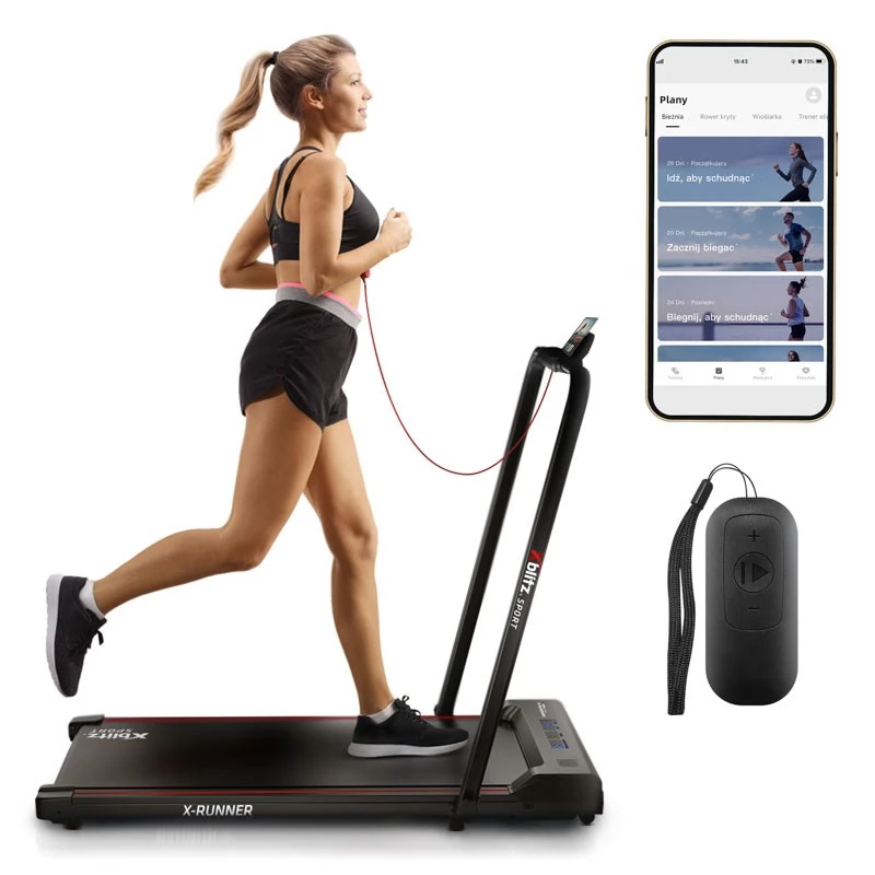 Gemotoriseerde loopband Xblitz X-RUNNER — opvouwbaar compact, max. snelheid 12 km/h, max. draagvermogen 120 kg, zwart